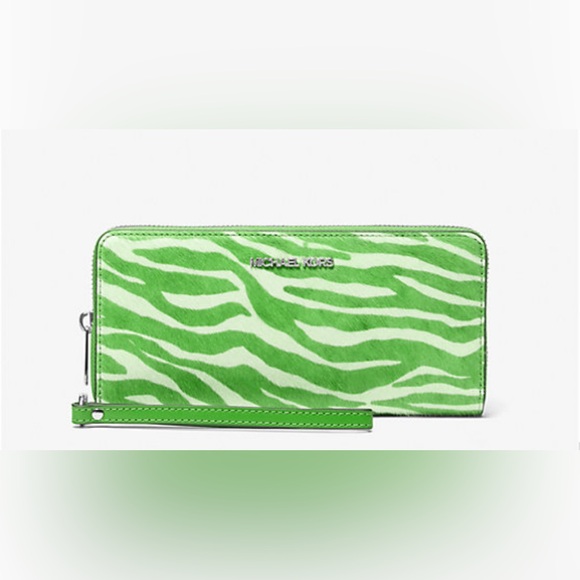 Michael Kors Handbags - 💚MICHAEL KORS💚Jungle Green Jet Set Travel Zebra Print Calf Hair Cont Wallet/NWT